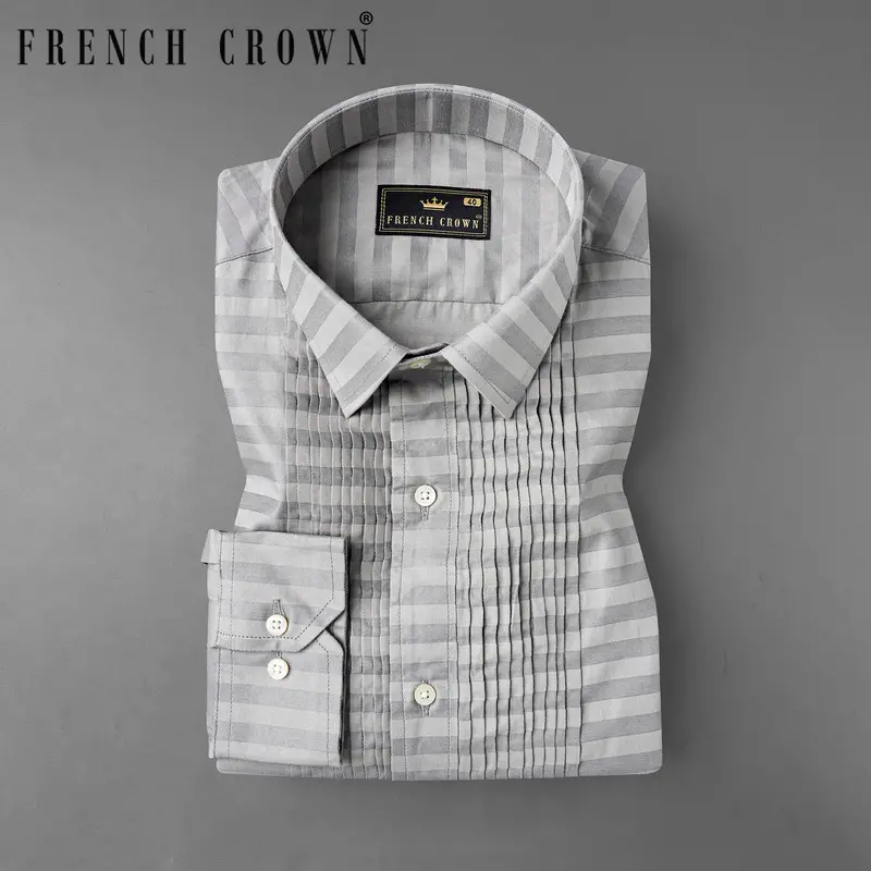 Pale Slate Gray And Mountain Mist Gray Snake Pleated Striped Dobby Tuxedo Shirt 1