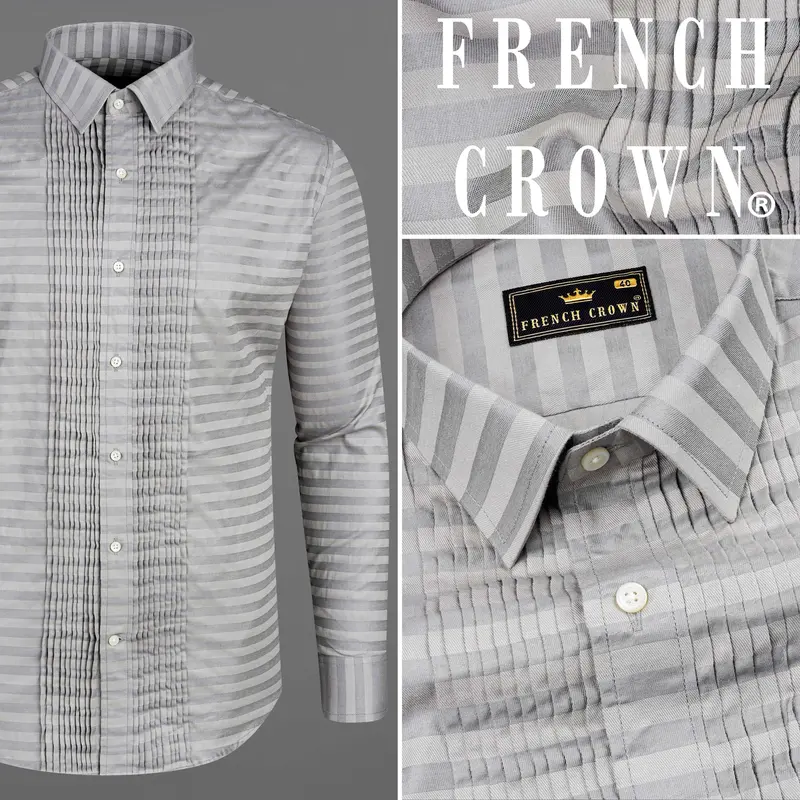 Pale Slate Gray And Mountain Mist Gray Snake Pleated Striped Dobby Tuxedo Shirt 10