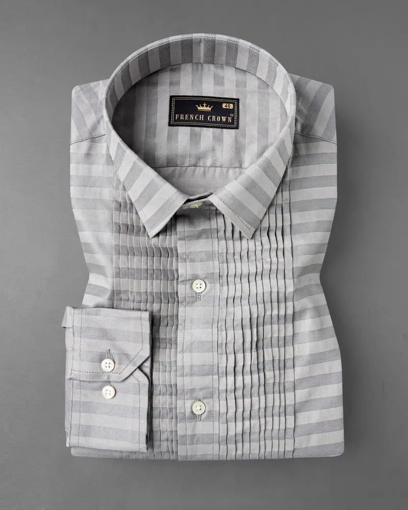 Pale Slate Gray And Mountain Mist Gray Snake Pleated Striped Dobby Tuxedo Shirt 2