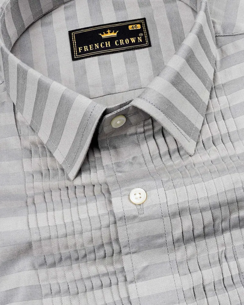 Pale Slate Gray And Mountain Mist Gray Snake Pleated Striped Dobby Tuxedo Shirt 4