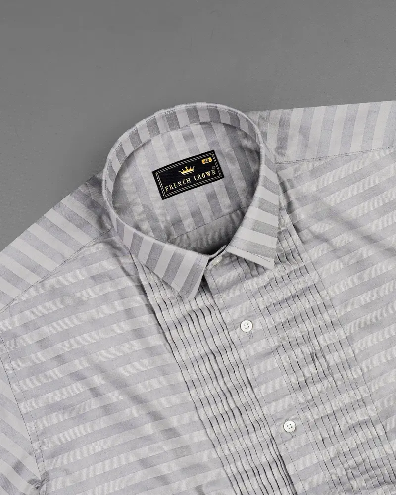 Pale Slate Gray And Mountain Mist Gray Snake Pleated Striped Dobby Tuxedo Shirt 5