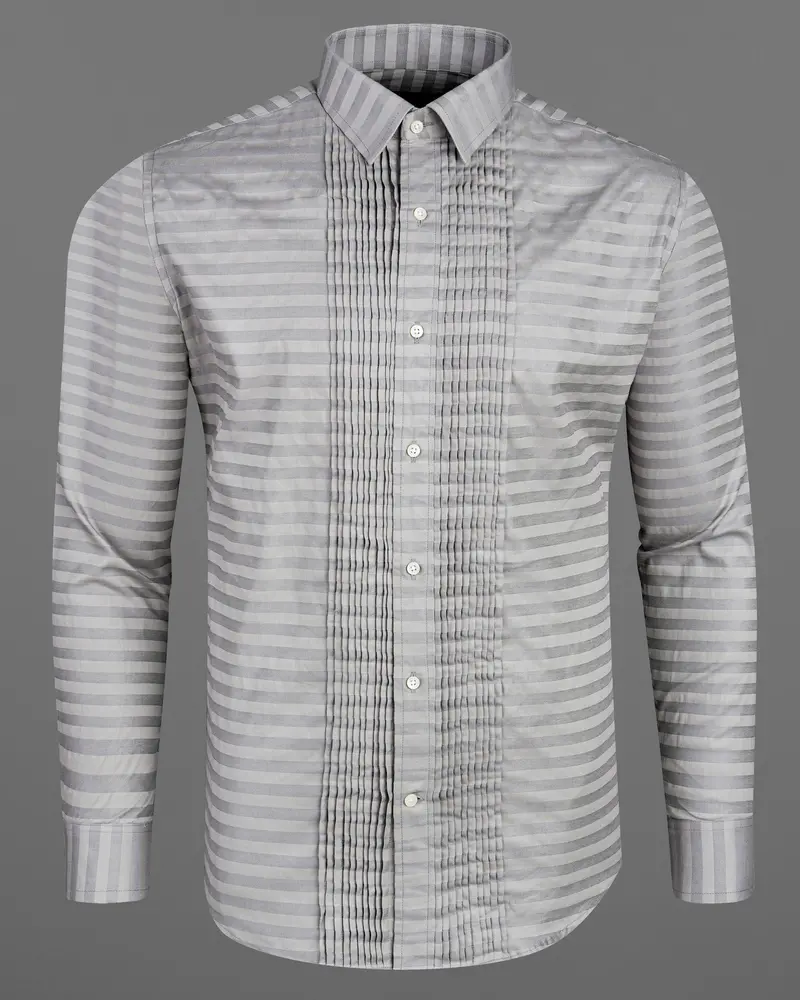 Pale Slate Gray And Mountain Mist Gray Snake Pleated Striped Dobby Tuxedo Shirt 6
