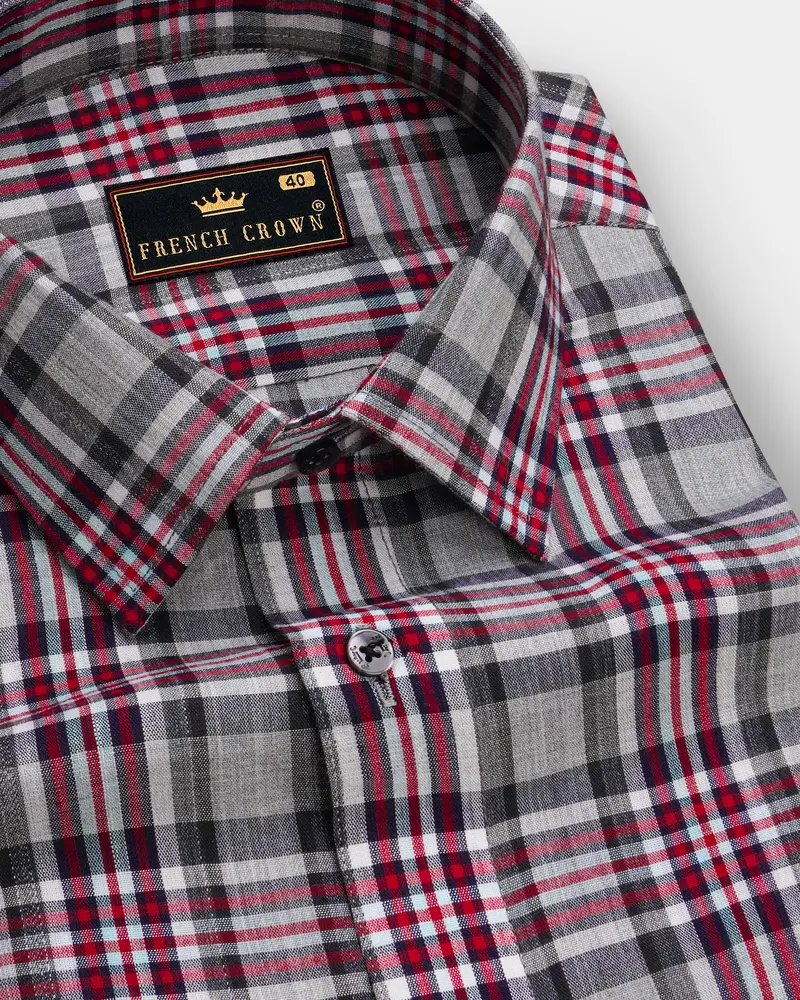 Pale Slate Gray With Tabasco Red Plaid Chambray Premium Cotton Shirt 1