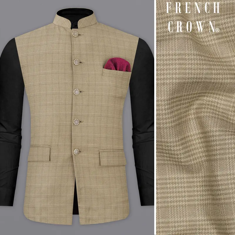 Pale Taupe Brown Plaid Wool Rich Nehru Jacket 1
