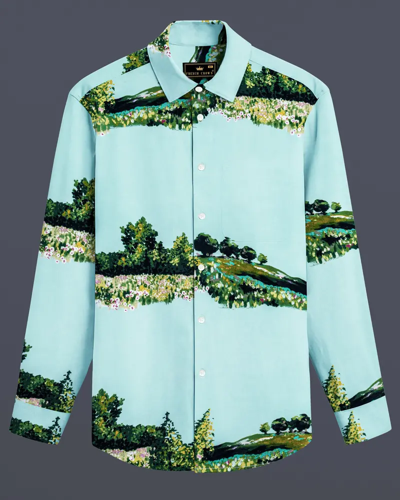Pale Turquoise Blue Tropical Printed Premium Cotton Shirt 1