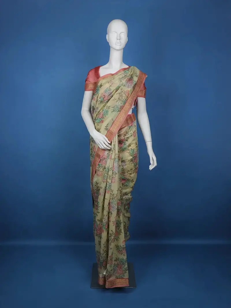 Pale Yellow Floral Designed Chanderi Cotton Saree 1