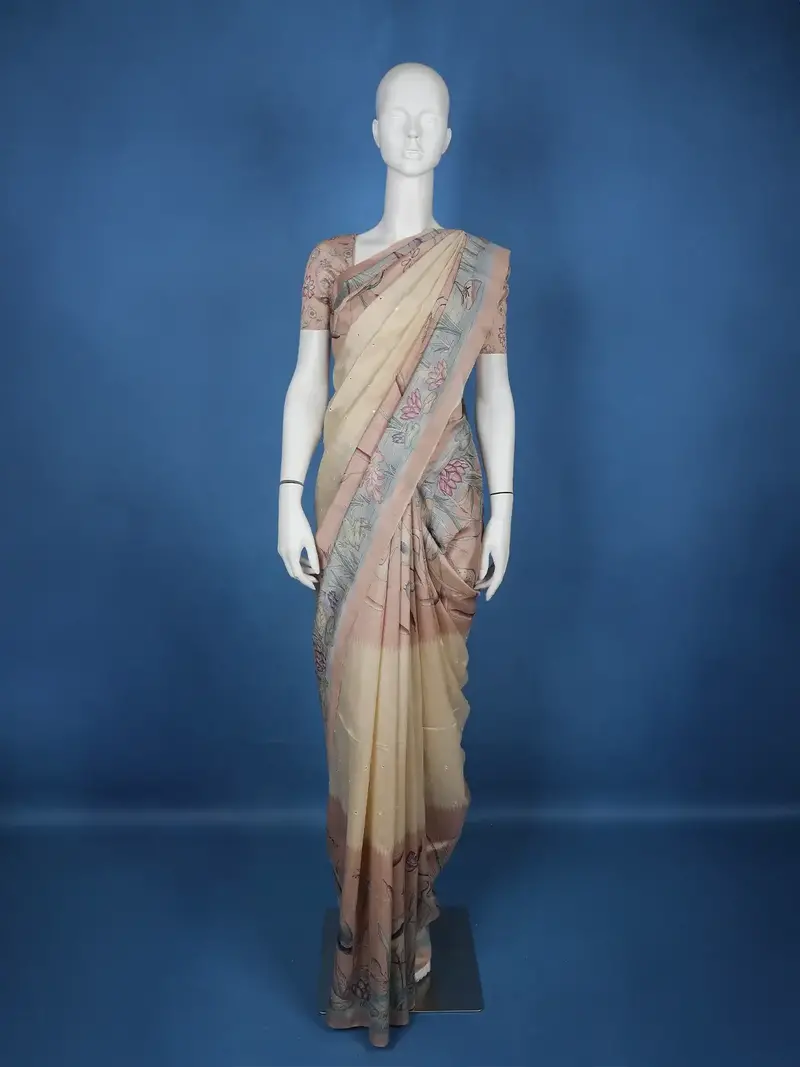 Pale Yellow Floral Designed Semi Tussar Saree 1