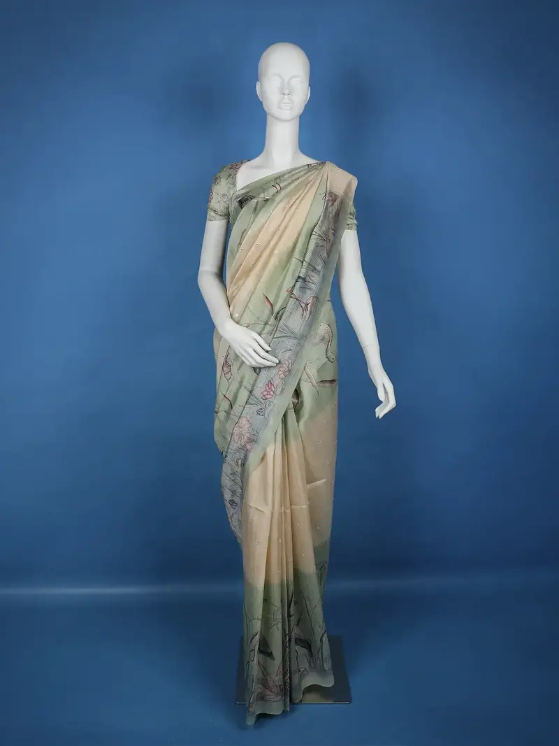 Pale Yellow Floral Designed Semi Tussar Saree 1