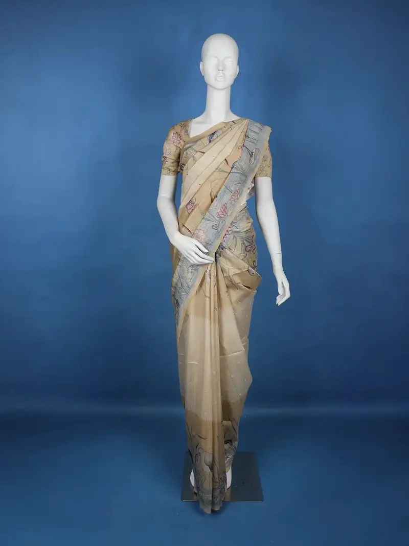 Pale Yellow Floral Designed Semi Tussar Saree 1