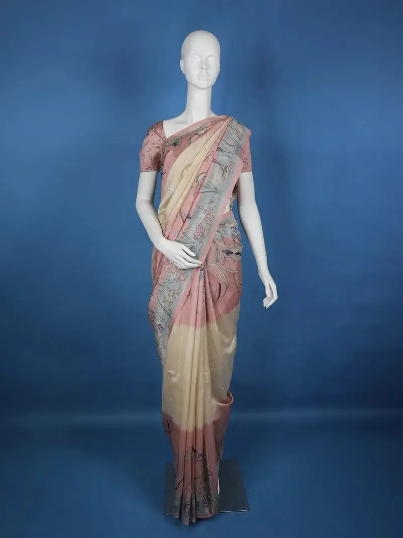 Pale Yellow Floral Designed Semi Tussar Saree 1