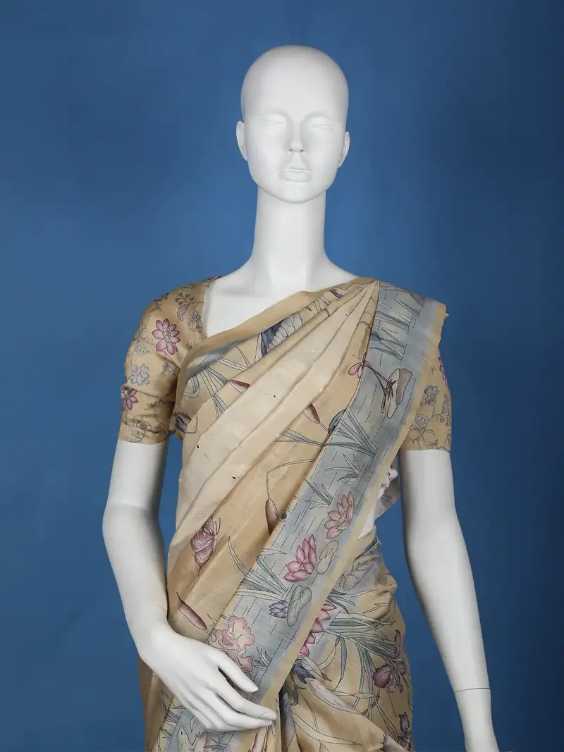 Pale Yellow Floral Designed Semi Tussar Saree 2