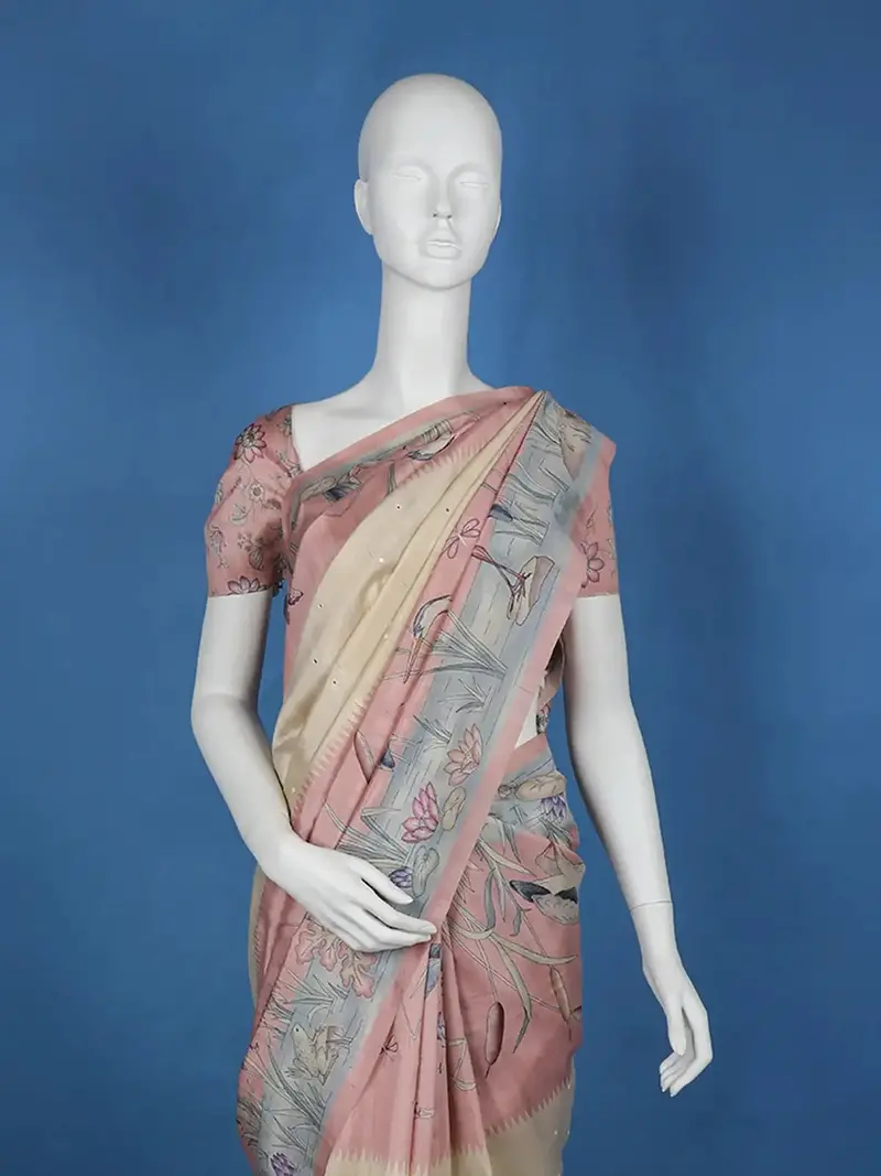 Pale Yellow Floral Designed Semi Tussar Saree 2