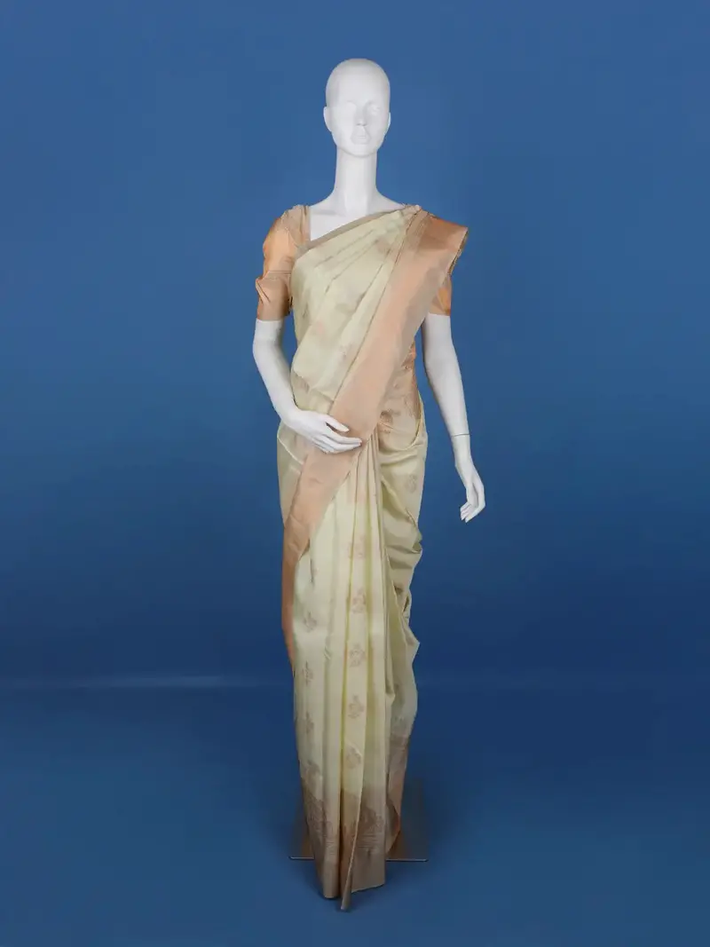 Pale Yellow Floral Woven Pure Kanchipuram Silk Saree 1