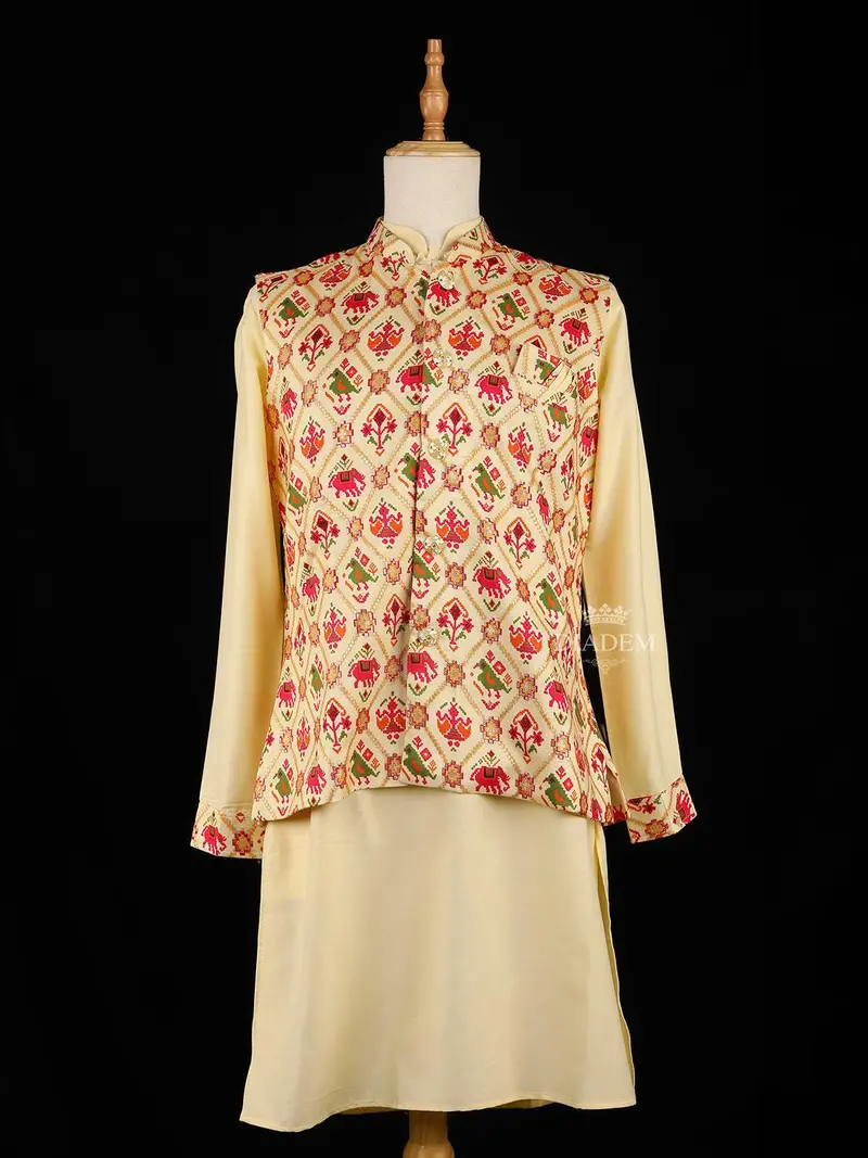 Pale Yellow Indo-Western Sherwani Suit With Birds And Elephant Designs, With Pant 1