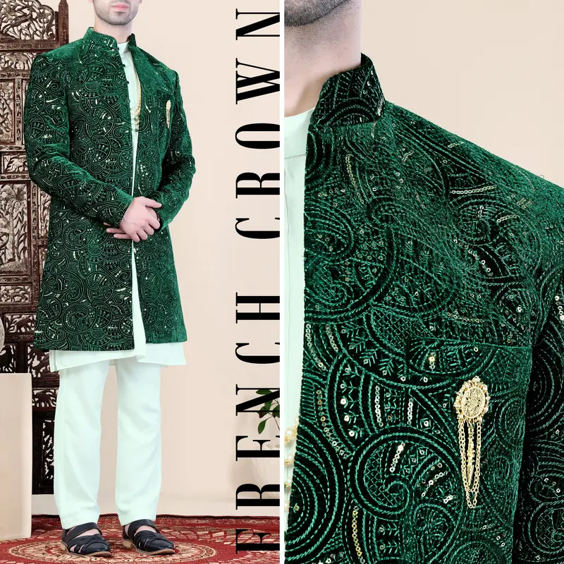 Palm And Jewel Green Thread And Sequin Embroidered Indo-Western 1