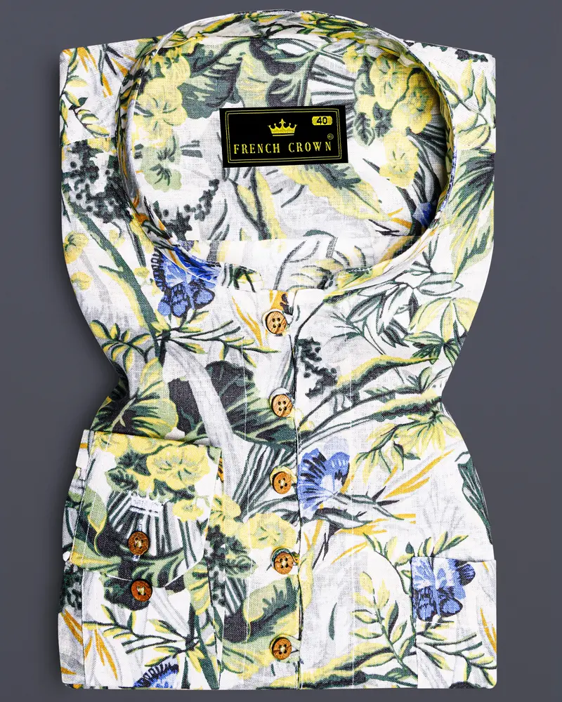 Palmoro-Forest Green And Havelock Blue Tropical Floral Printed Luxurious Linen Casual Kurta Shirt 1
