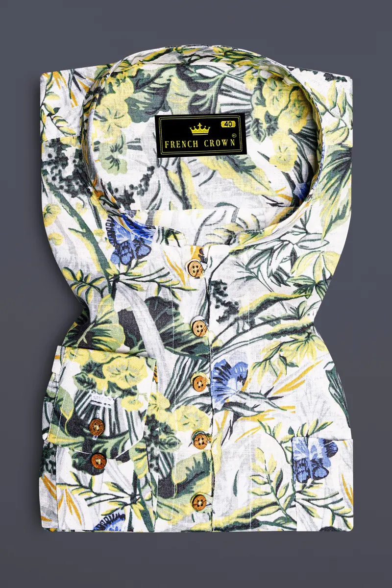 Palmoro-Forest Green And Havelock Blue Tropical Floral Printed Luxurious Linen Casual Kurta Shirt 2