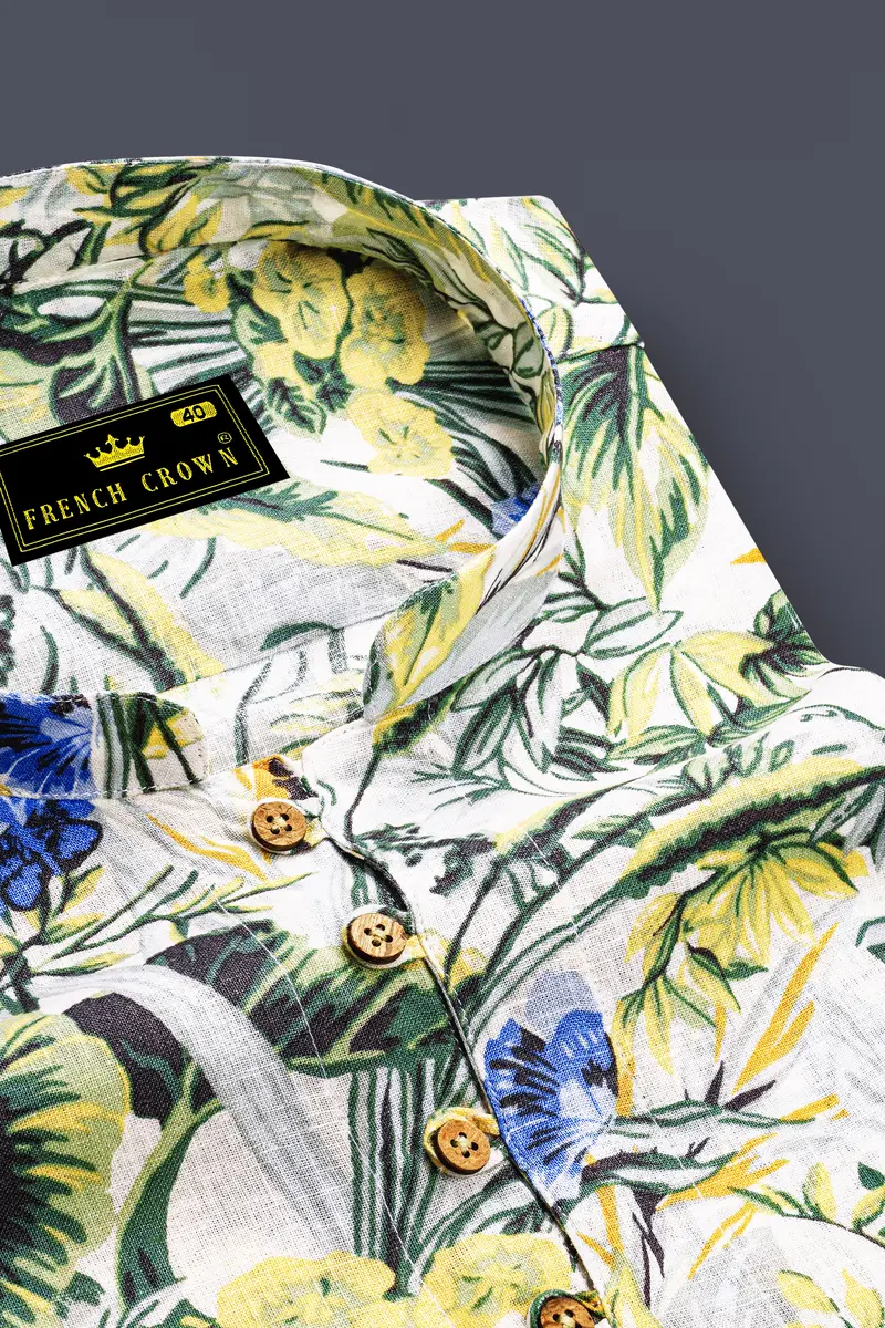 Palmoro-Forest Green And Havelock Blue Tropical Floral Printed Luxurious Linen Casual Kurta Shirt 4