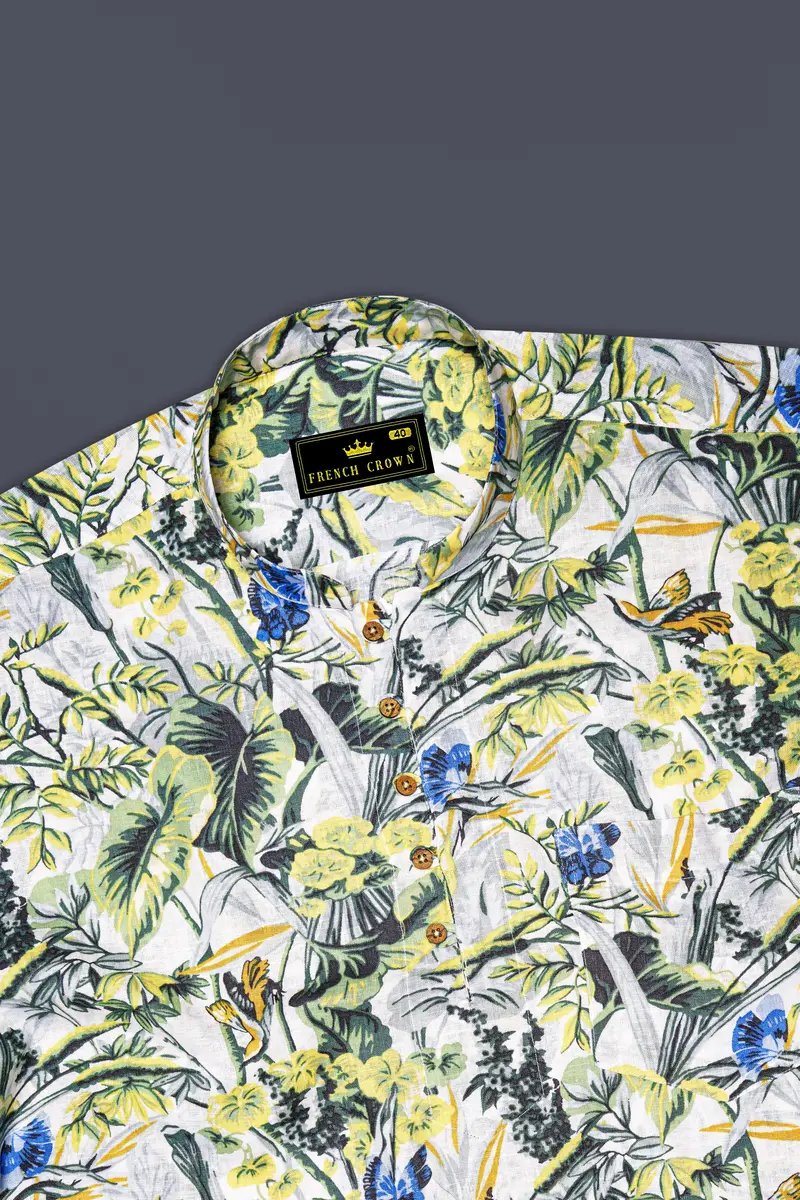 Palmoro-Forest Green And Havelock Blue Tropical Floral Printed Luxurious Linen Casual Kurta Shirt 5