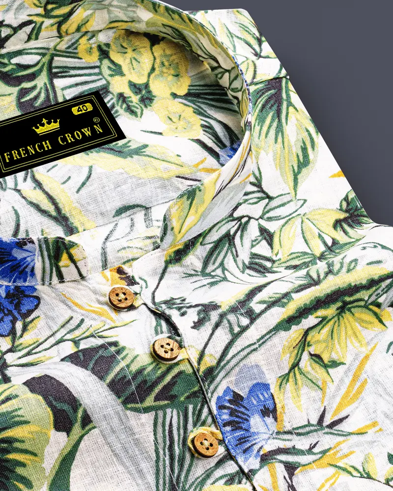 Palmoro-Forest Green And Havelock Blue Tropical Floral Printed Luxurious Linen Casual Kurta Shirt 6