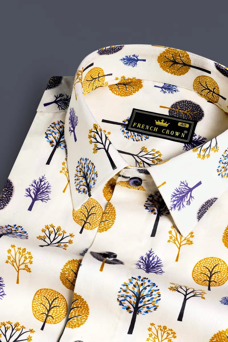 Pampas Cream Multicolour Trees Printed Subtle Sheen Super Soft Premium Cotton Shirt 1