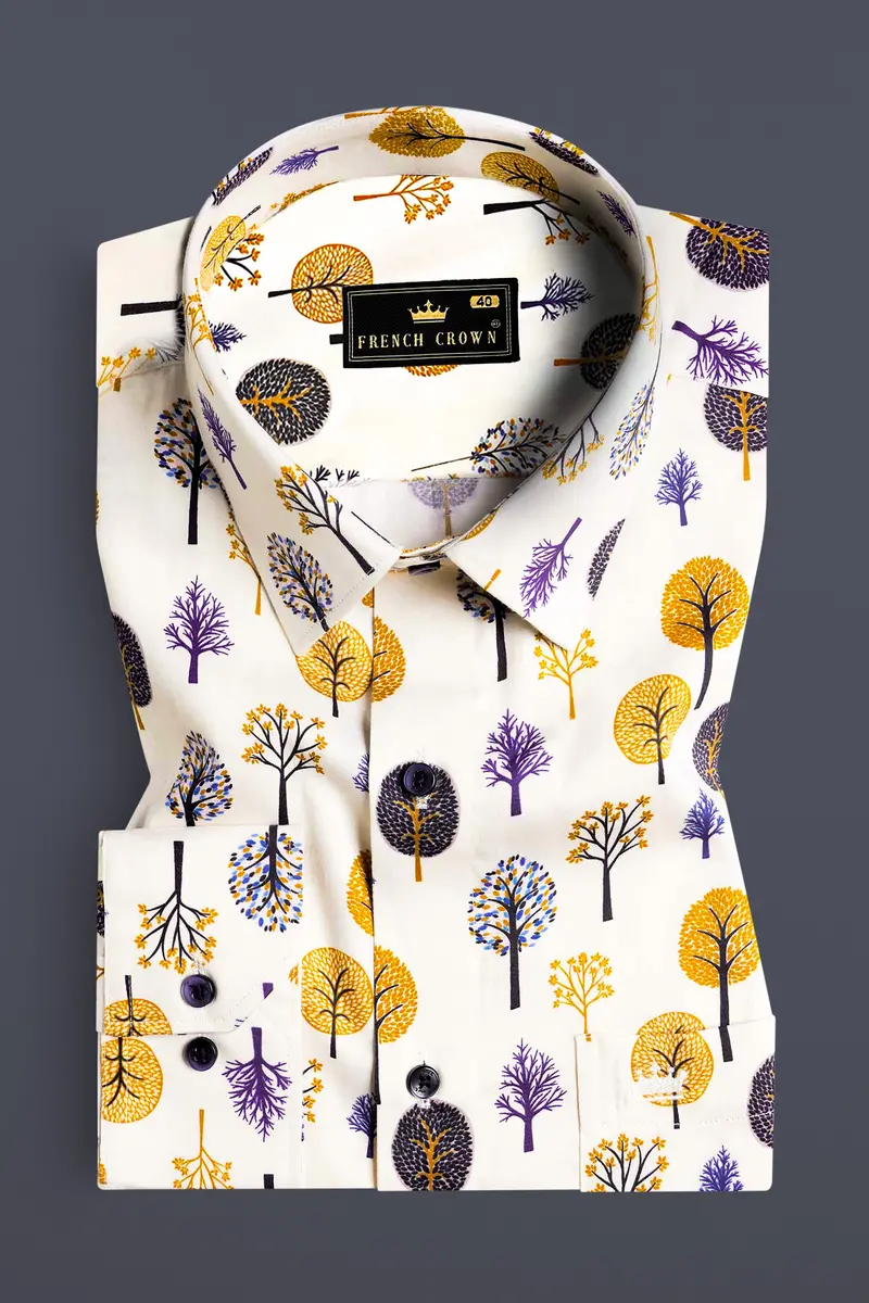 Pampas Cream Multicolour Trees Printed Subtle Sheen Super Soft Premium Cotton Shirt 3