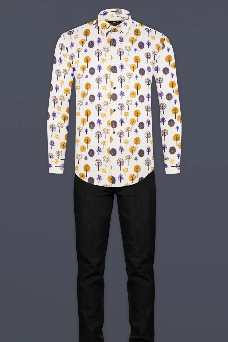 Pampas Cream Multicolour Trees Printed Subtle Sheen Super Soft Premium Cotton Shirt 6