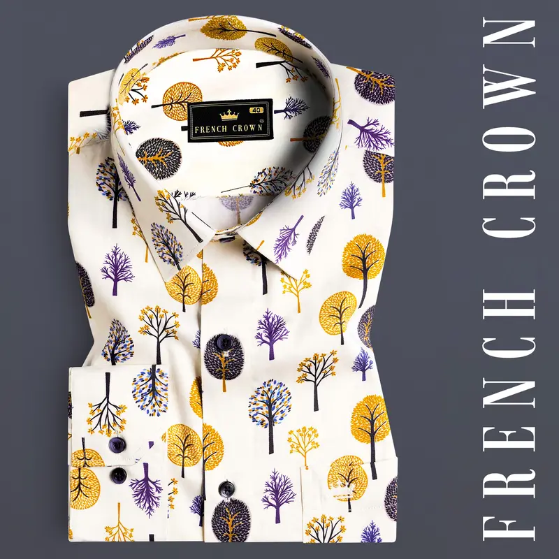 Pampas Cream Multicolour Trees Printed Subtle Sheen Super Soft Premium Cotton Shirt 7