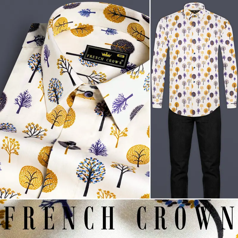 Pampas Cream Multicolour Trees Printed Subtle Sheen Super Soft Premium Cotton Shirt 8