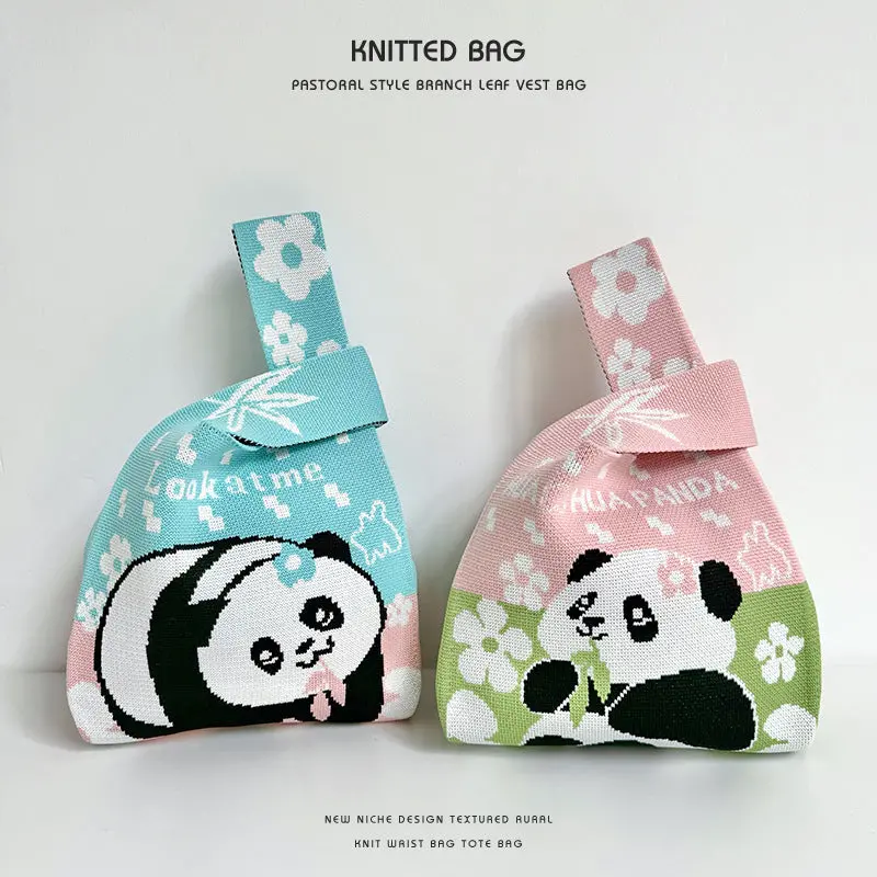 Panda Wrist Bag Handbag Cute Panda Flower Knitted Bag 1