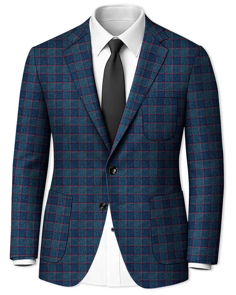 Panevoro-Vintage Blue Windowpane Premium Cotton Single Breasted Sports Blazer 1