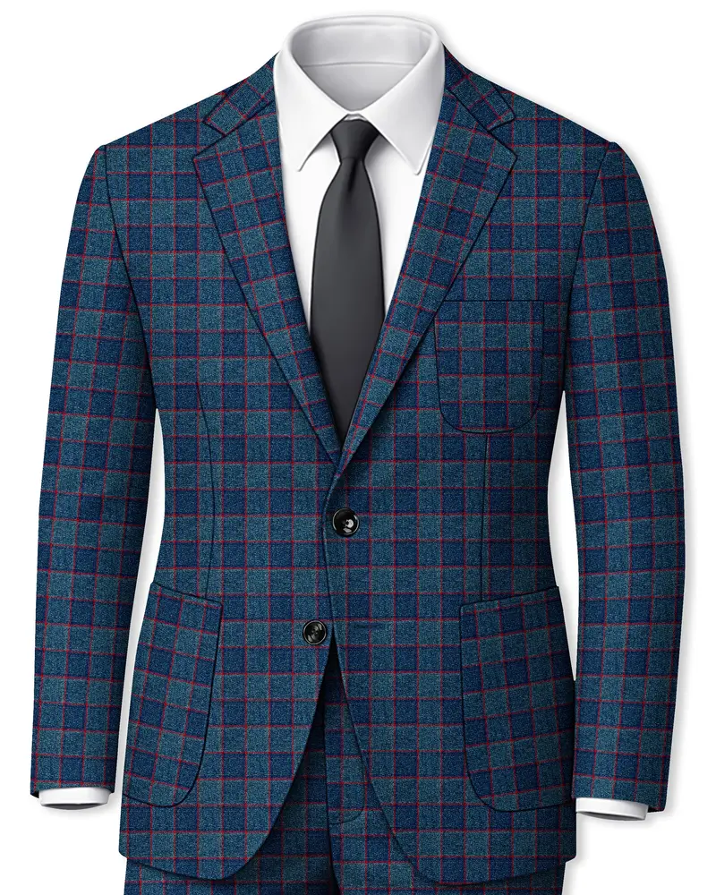 Panevoro-Vintage Blue Windowpane Premium Cotton Single Breasted Sports Suit 1