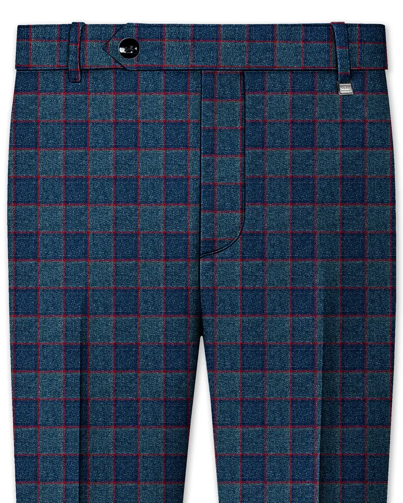 Panevoro-Vintage Blue Windowpane Premium Cotton Stretchable Waistband Pant 1
