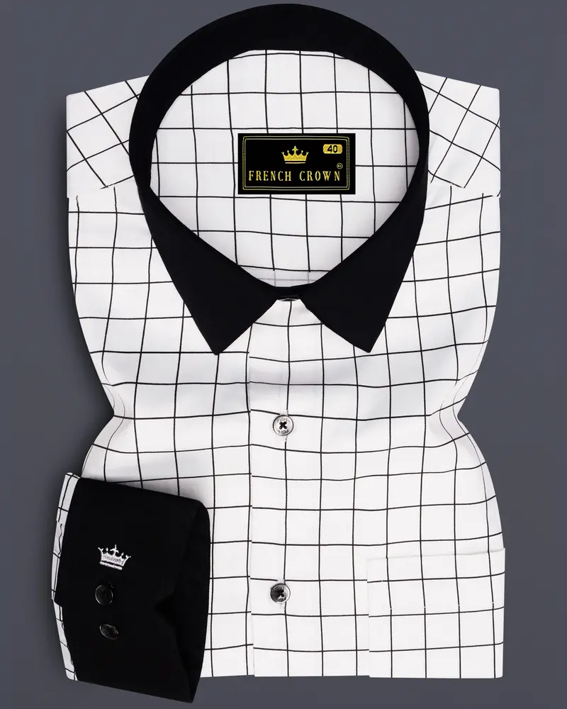 Panoro-Bright White And Jade Black Windowpane Subtle Sheen Super Soft Premium Cotton Dress Black Cuff Collar Shirt 1
