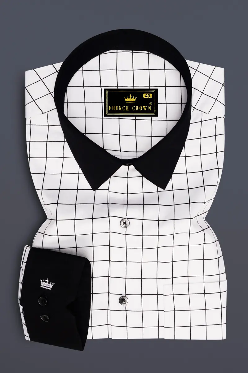 Panoro-Bright White And Jade Black Windowpane Subtle Sheen Super Soft Premium Cotton Dress Black Cuff Collar Shirt 2