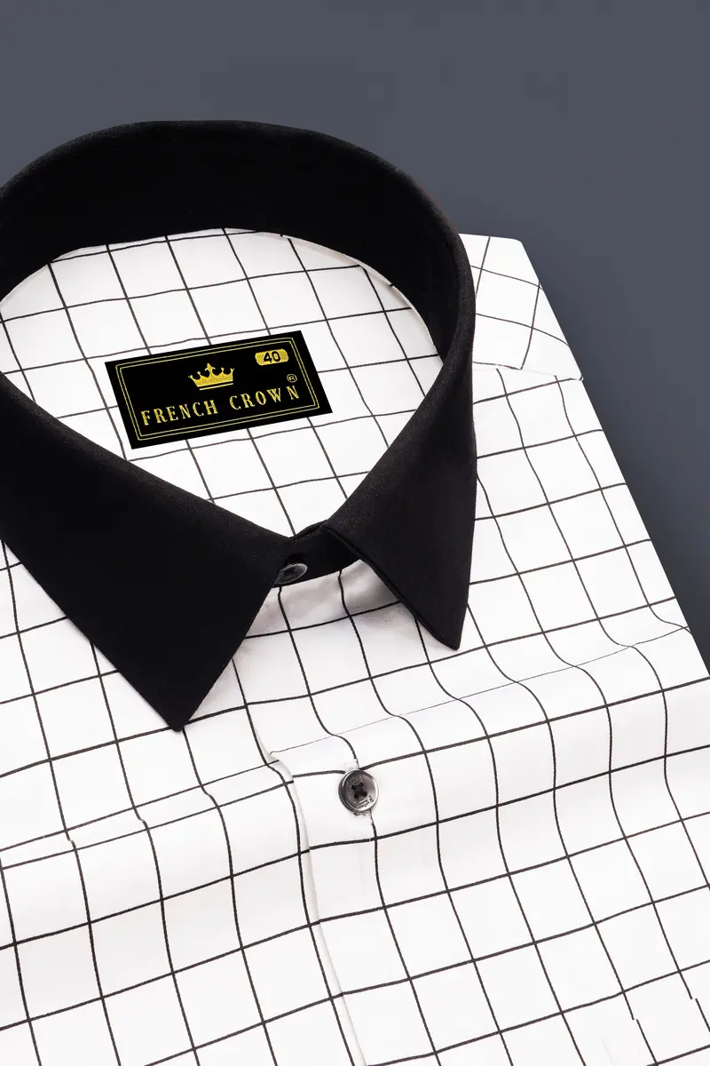 Panoro-Bright White And Jade Black Windowpane Subtle Sheen Super Soft Premium Cotton Dress Black Cuff Collar Shirt 4