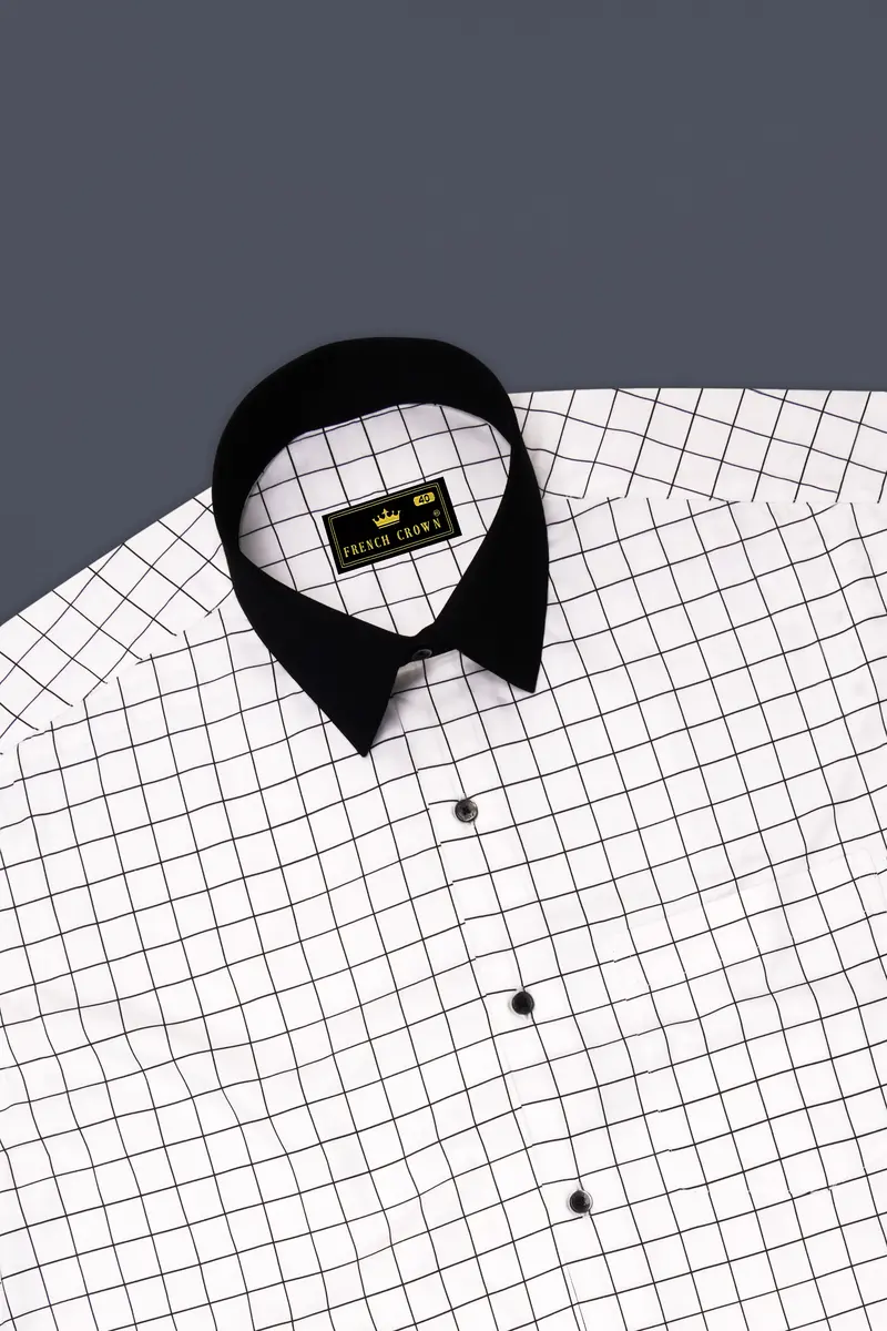 Panoro-Bright White And Jade Black Windowpane Subtle Sheen Super Soft Premium Cotton Dress Black Cuff Collar Shirt 5