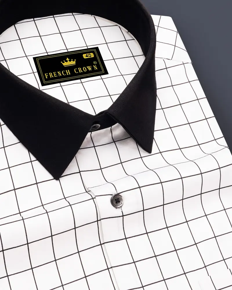 Panoro-Bright White And Jade Black Windowpane Subtle Sheen Super Soft Premium Cotton Dress Black Cuff Collar Shirt 6