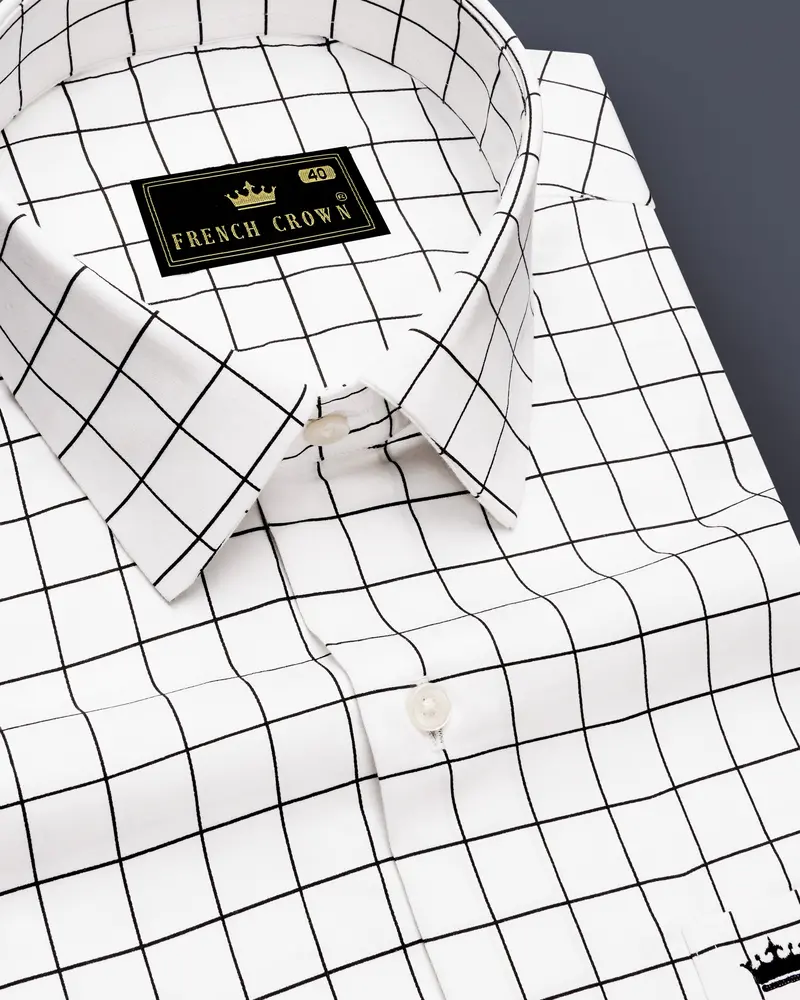 Panoro-Bright White And Jade Black Windowpane Subtle Sheen Super Soft Premium Cotton Dress Shirt 1