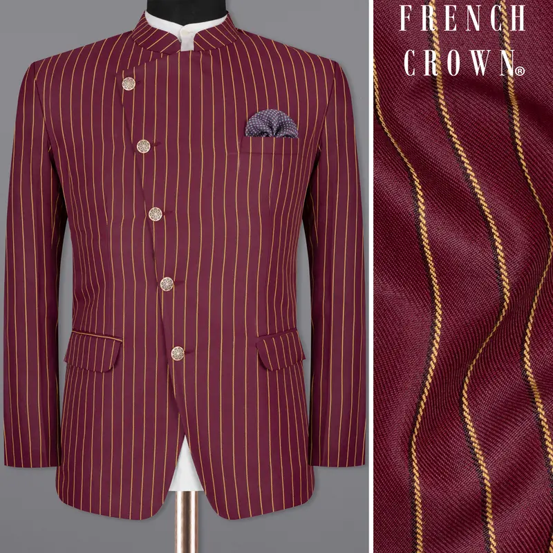 Paprika Maroon Striped Cross Placket Wool Rich Bandhgala Blazer 1