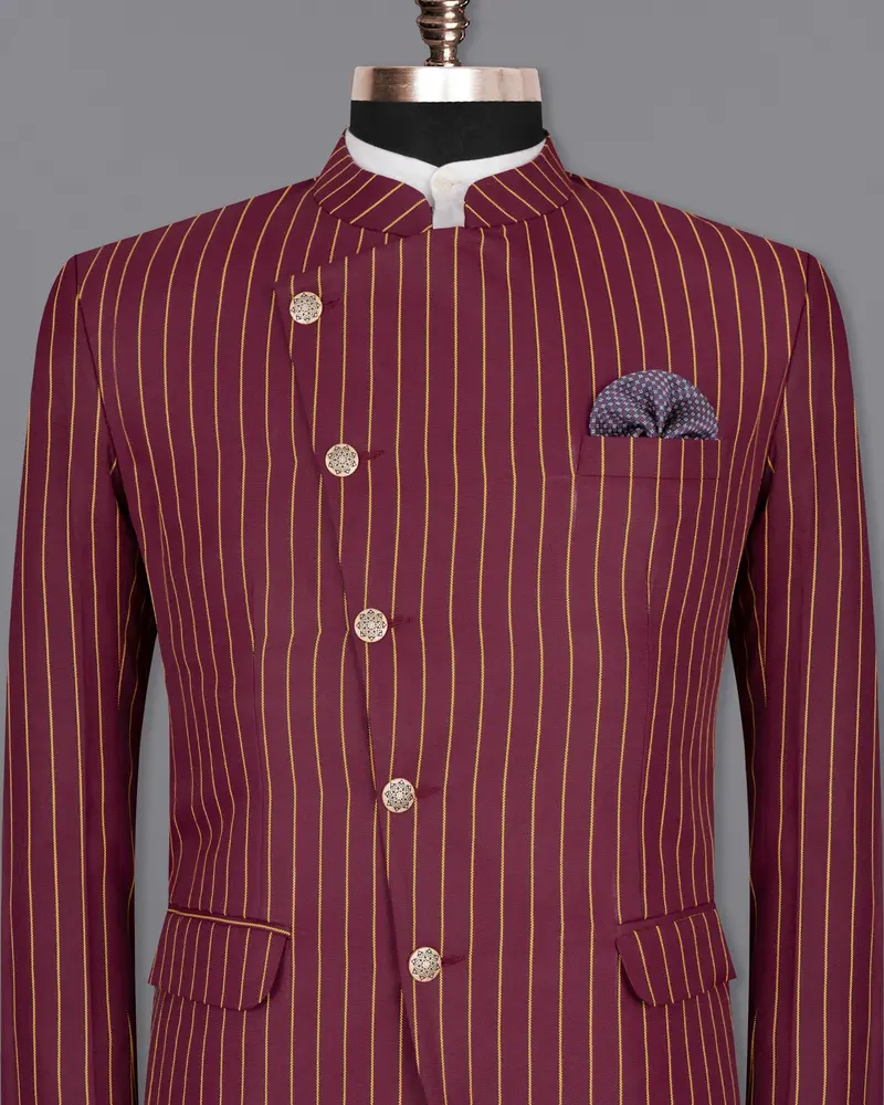 Paprika Maroon Striped Cross Placket Wool Rich Bandhgala Blazer 2