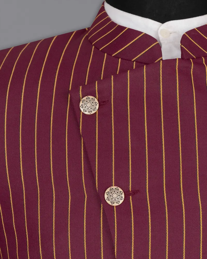 Paprika Maroon Striped Cross Placket Wool Rich Bandhgala Blazer 4
