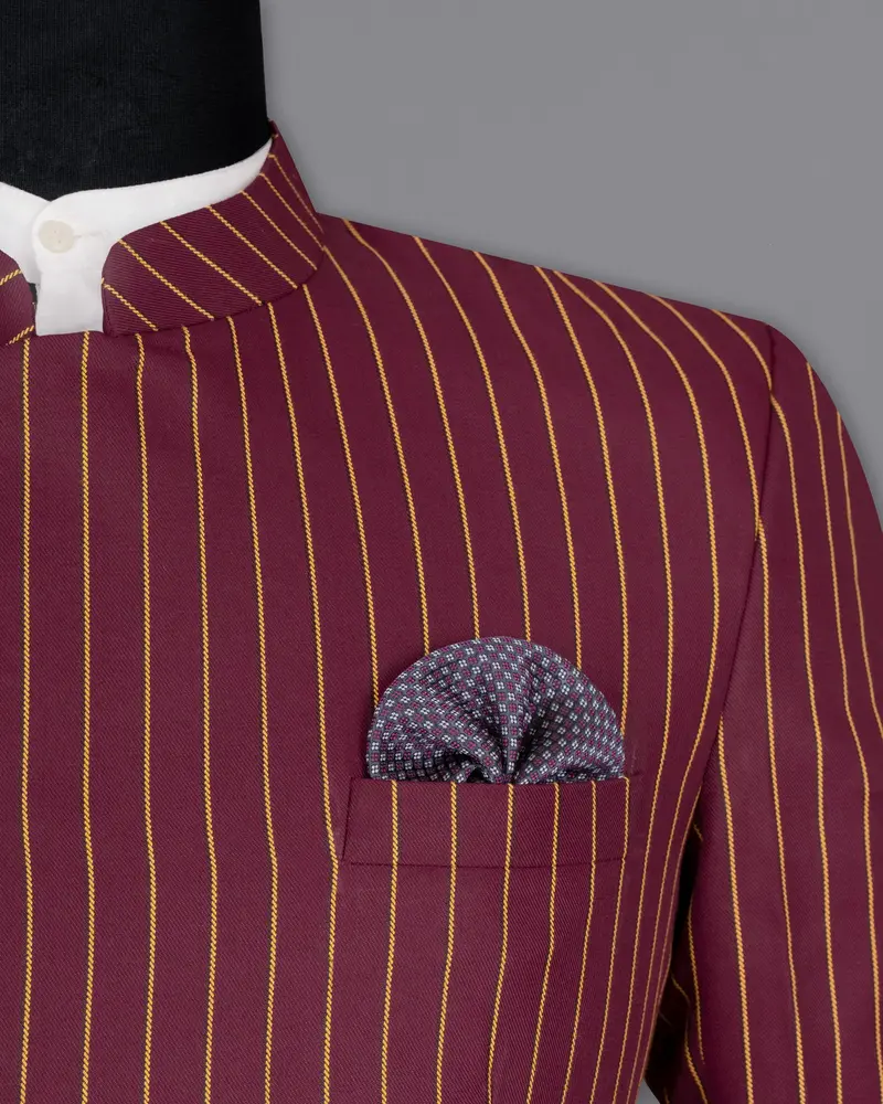 Paprika Maroon Striped Cross Placket Wool Rich Bandhgala Blazer 6