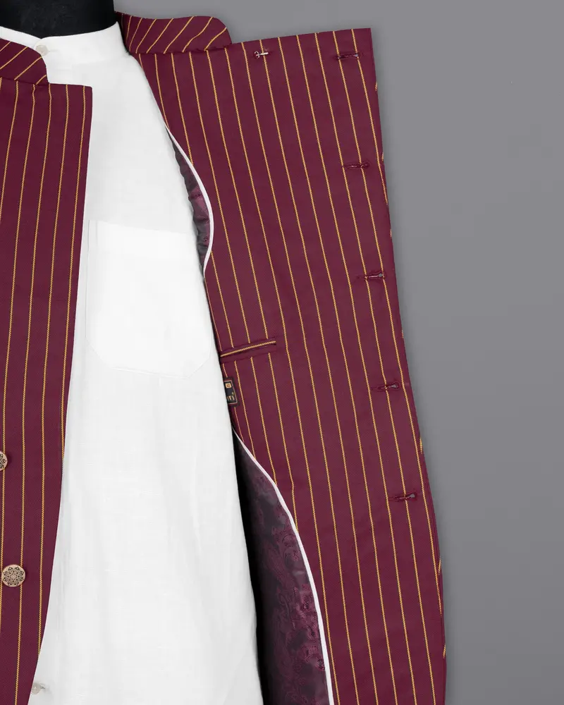 Paprika Maroon Striped Cross Placket Wool Rich Bandhgala Blazer 7