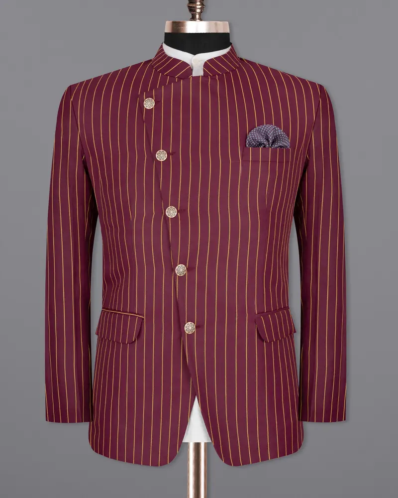 Paprika Maroon Striped Cross Placket Wool Rich Bandhgala Blazer 8