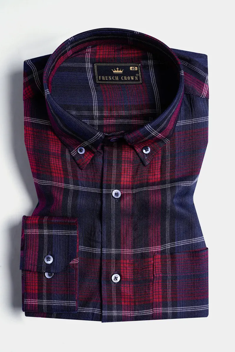 Paprika Red And Cloud Burst Blue Twill Plaid Premium Cotton Shirt 3