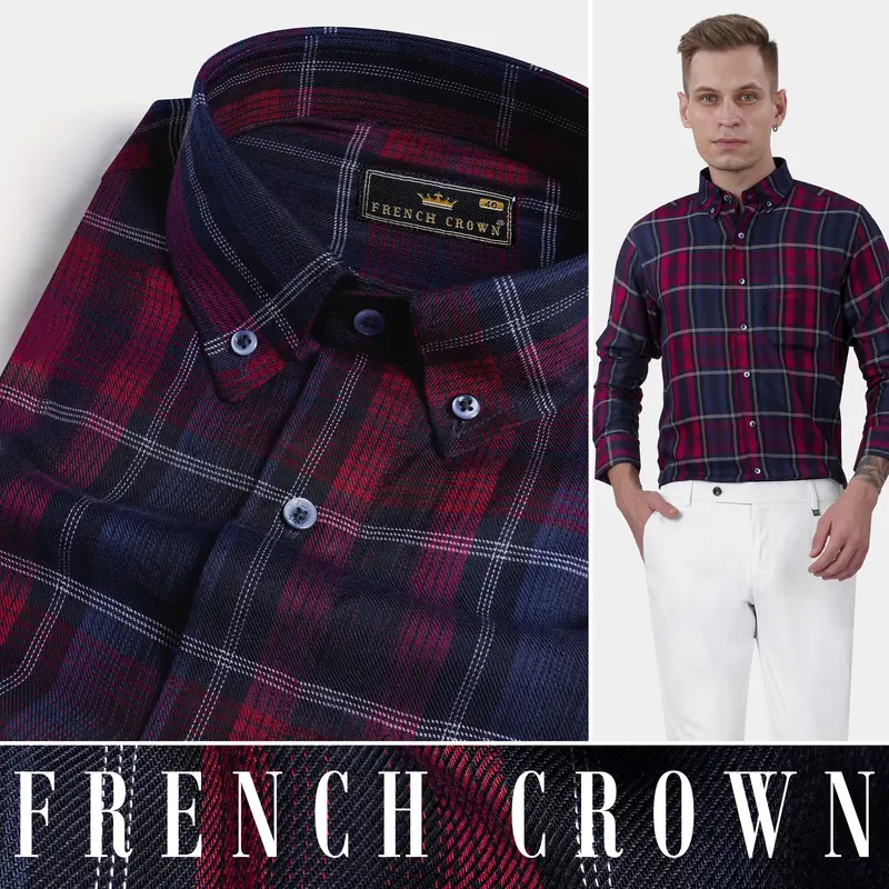 Paprika Red And Cloud Burst Blue Twill Plaid Premium Cotton Shirt 4