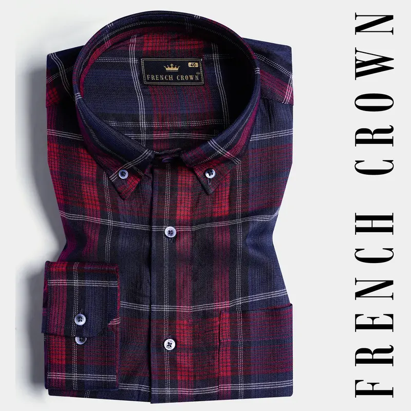Paprika Red And Cloud Burst Blue Twill Plaid Premium Cotton Shirt 7