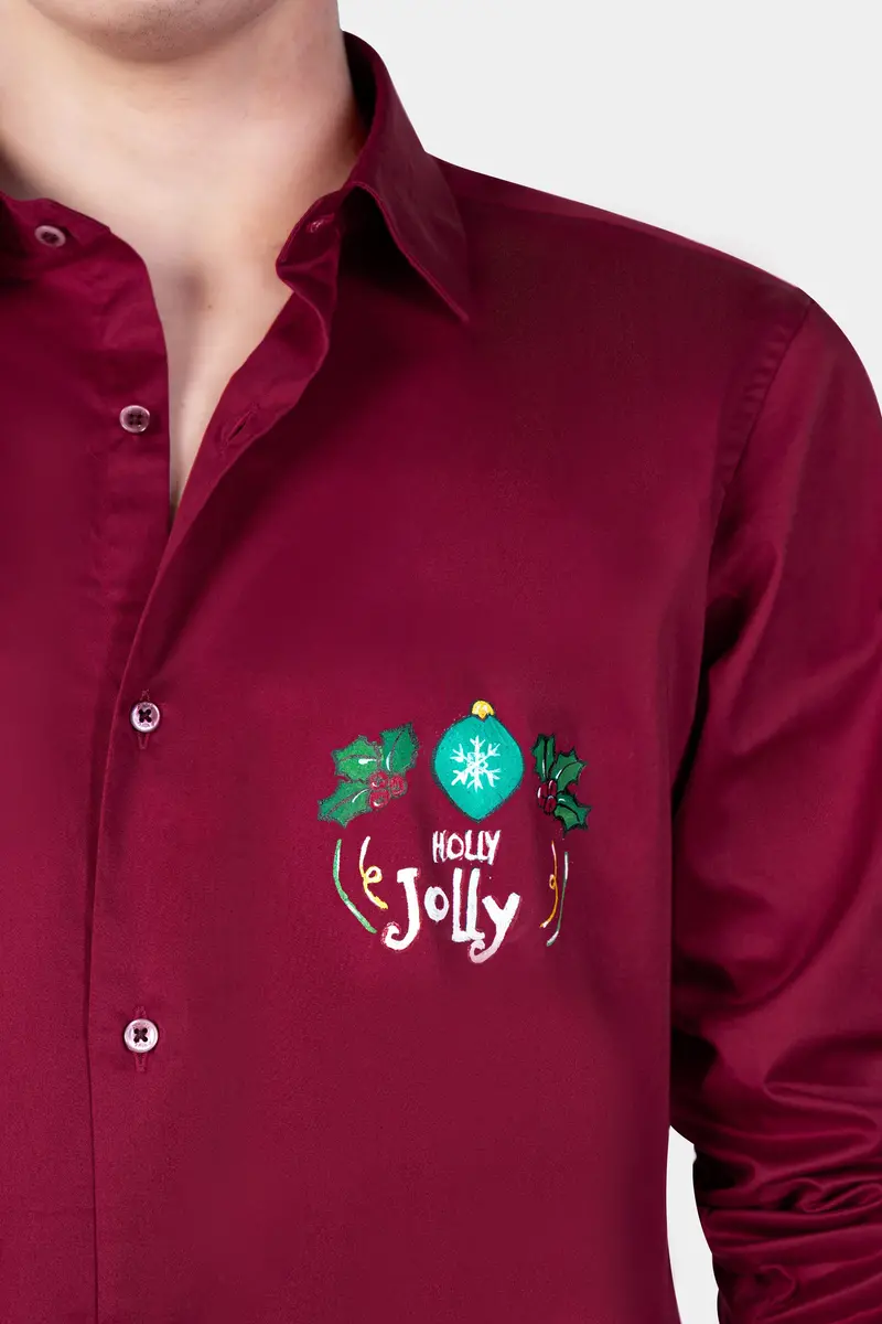 Paprika Red Holly Jolly Hand Painted Subtle Sheen Super Soft Premium Cotton Designer Shirt 2