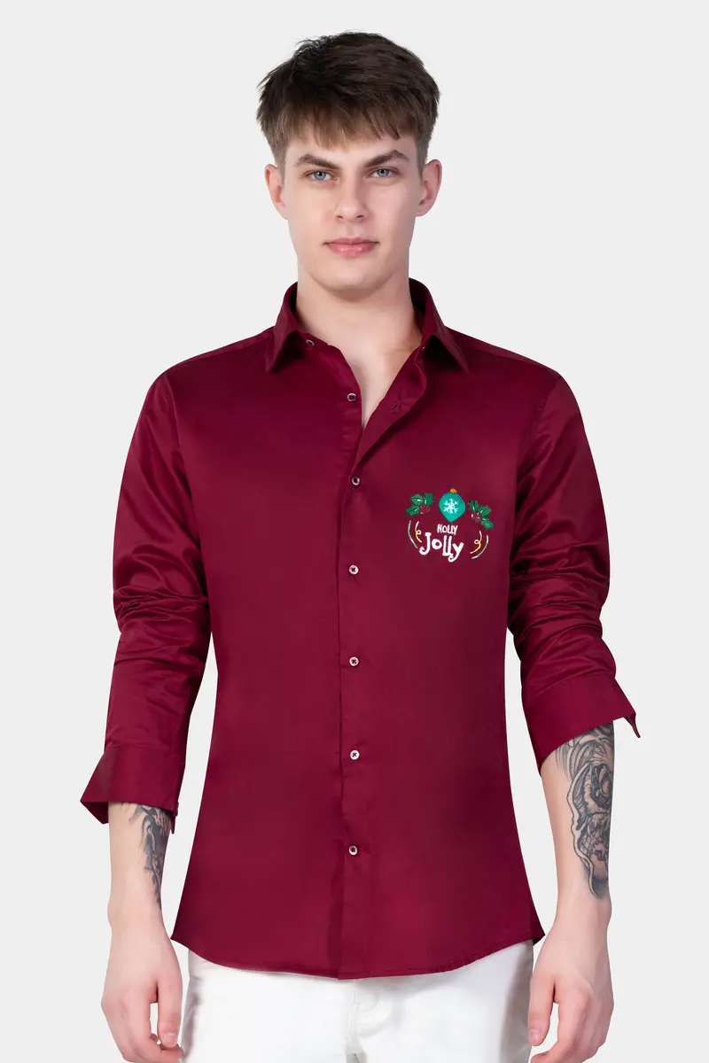 Paprika Red Holly Jolly Hand Painted Subtle Sheen Super Soft Premium Cotton Designer Shirt 6